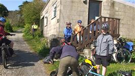 Enjoying the sun and chatting about last night's game of Manhunt outside Coverack Youth Hostel as we prepare to leave